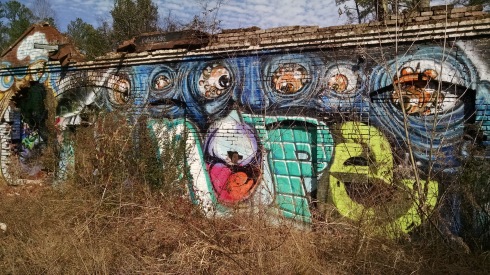 A long wall, broken at the top, seen through brush. It is covered with paintings of eyes and abstract color swirls.